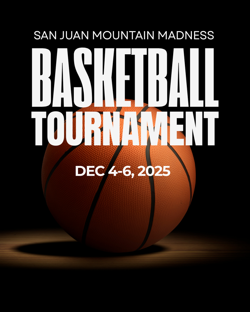 Promotional graphic for the San Juan Mountain Madness Basketball Tournament, featuring a basketball on a dark court with bold white text reading ‘Basketball Tournament – Dec 4–6, 2025