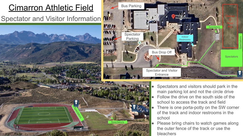 Cimarron Athletic Field spectator map showing parking areas, bus drop-off, visitor entrance, spectator seating locations, restrooms, and access routes around Ridgway Secondary School soccer field.