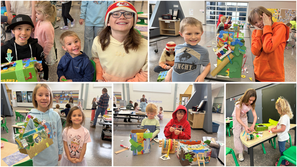 Collage of students and preschoolers work together to build colorful leprechaun traps using boxes, paper, and craft materials.
