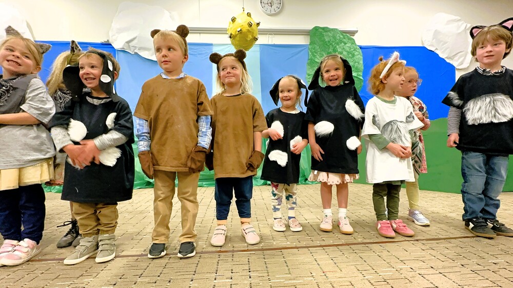 Group of preschoolers in costumes lined up and smiling.