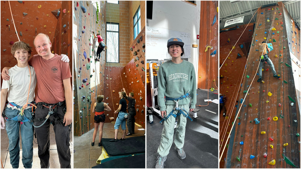 Collage of indoor rock climbing scenes: two climbers posing in harnesses, a person ascending a wall, an instructor assisting climbers below, a woman wearing a harness, and a climber scaling a tall indoor wall.Collage of people indoor rock climbing and posing in harnesses.
