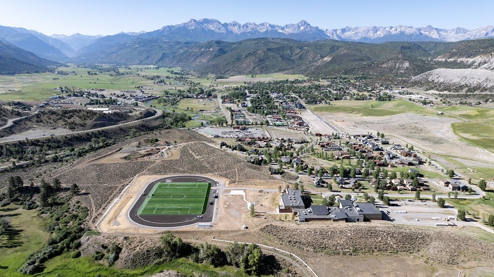 Aerial view of the Cimarron Athletic Field and Town of Ridgway