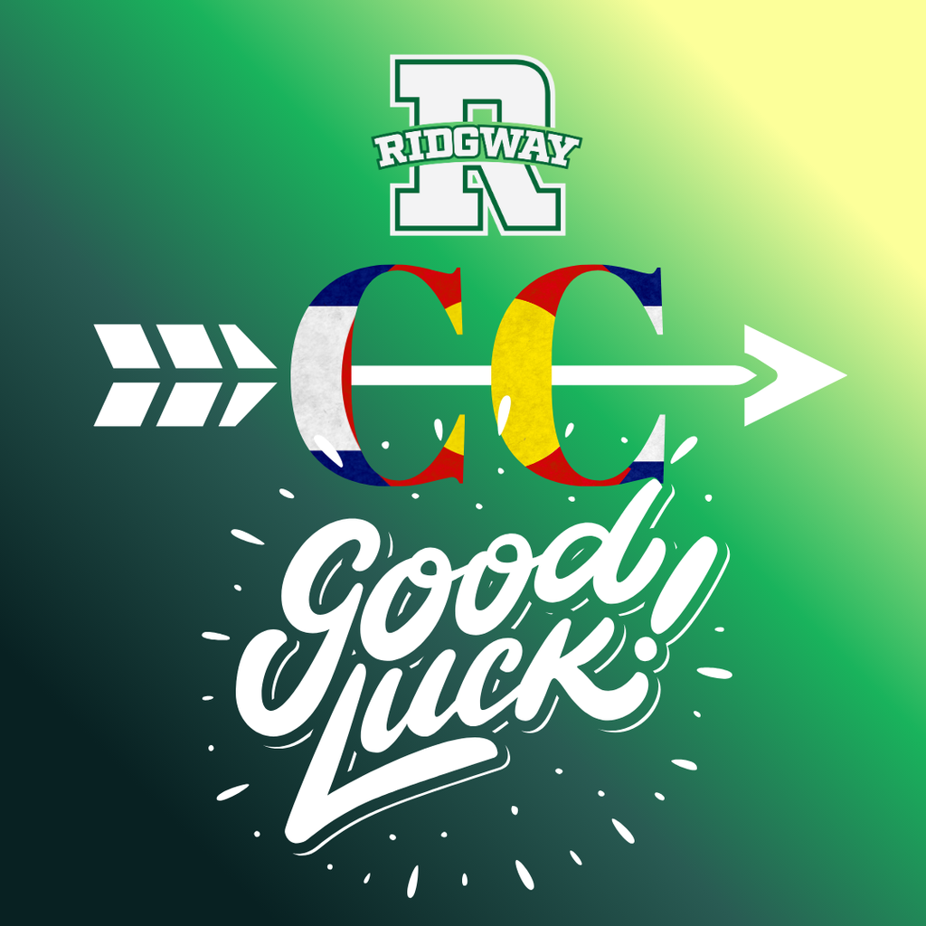 Ridgway Cross Country good luck graphic with school logo, arrow design, and bold text reading ‘Good Luck!’ on a green gradient background.