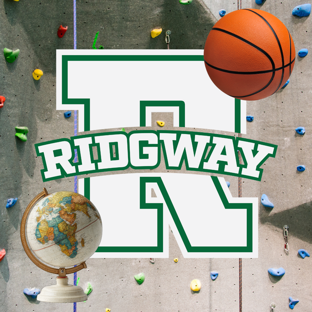 Green and white Ridgeway ‘R’ logo centered on a gray indoor rock-climbing wall with colorful holds. The word ‘RIDGWAY’ appears across the logo. A basketball is positioned at the upper right, and a classroom globe is shown at the lower left.