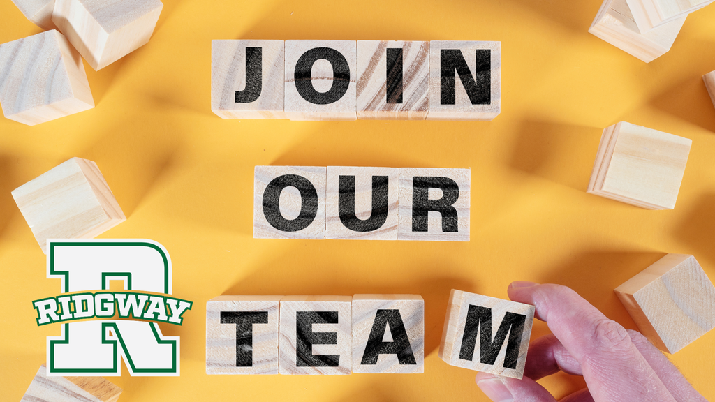 Wooden letter blocks spelling ‘Join Our Team’ on a yellow background, with a hand placing the final letter. The Ridgway ‘R’ logo appears in the lower left corner.