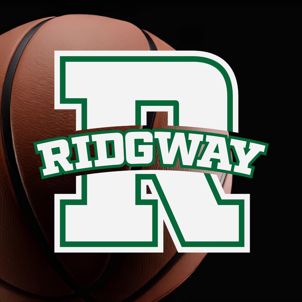 Ridgway basketball logo featuring a large white and green letter ‘R’ with the word ‘Ridgway’ across the center, set against a close-up basketball on a dark background.