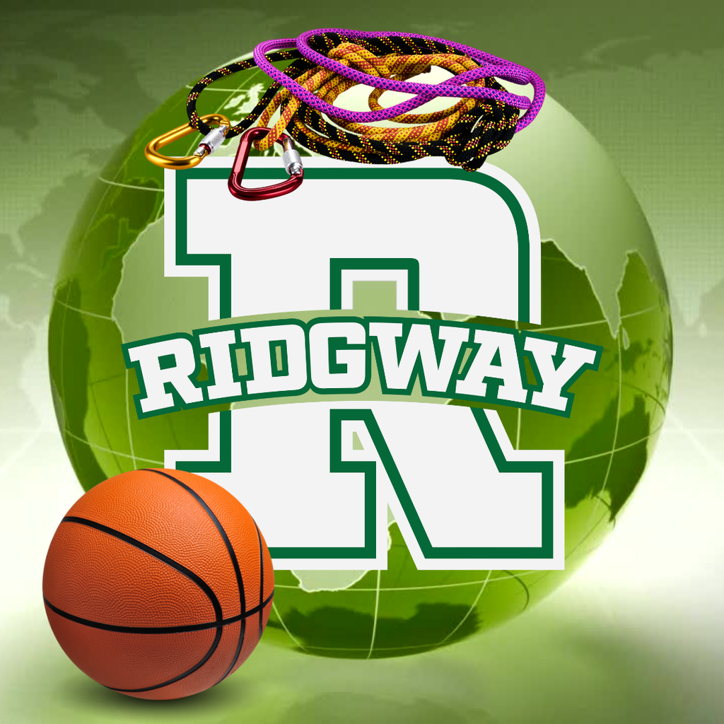 Green background with a globe design behind a large white and green letter “R” and the word “Ridgway.” A basketball appears in the lower left, and climbing ropes with carabiners rest across the top of the letter, representing basketball and climbing activities.
