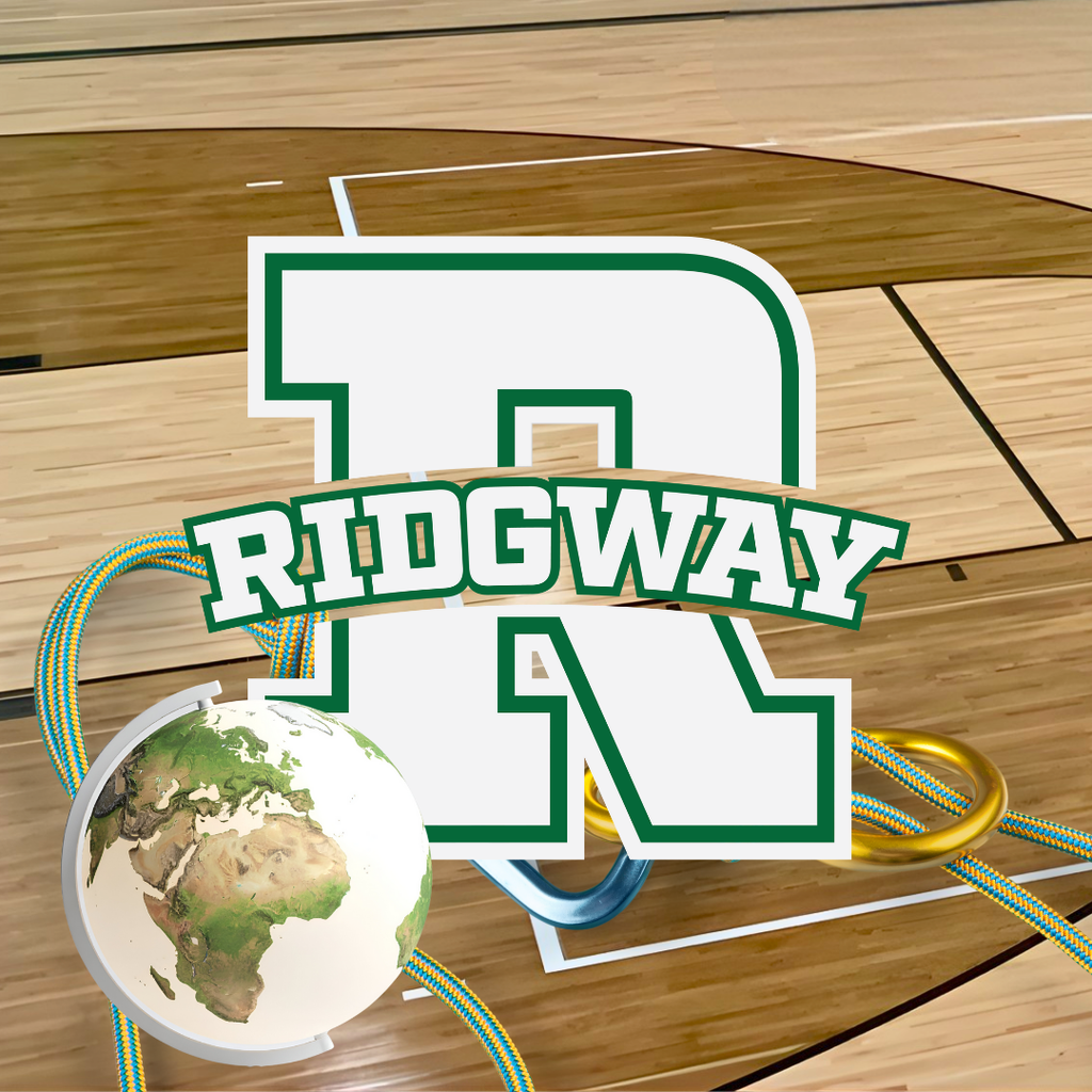 Ridgeway ‘R’ logo on a gym floor with climbing ropes, carabiners, and a globe graphic.
