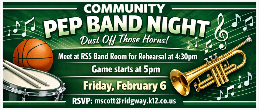 Community Pep Band Night poster announcing rehearsal at 4:30 pm, game at 5 pm, Friday February 6, with music and sports imagery