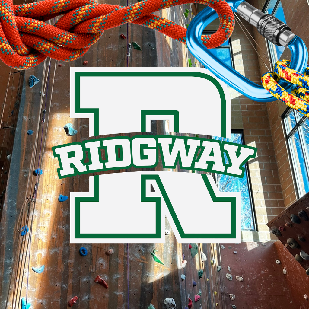 Promotional graphic for Ridgeway High School climbing: large “R” logo with “Ridgeway” over an indoor climbing wall background, rope and carabiner at top.