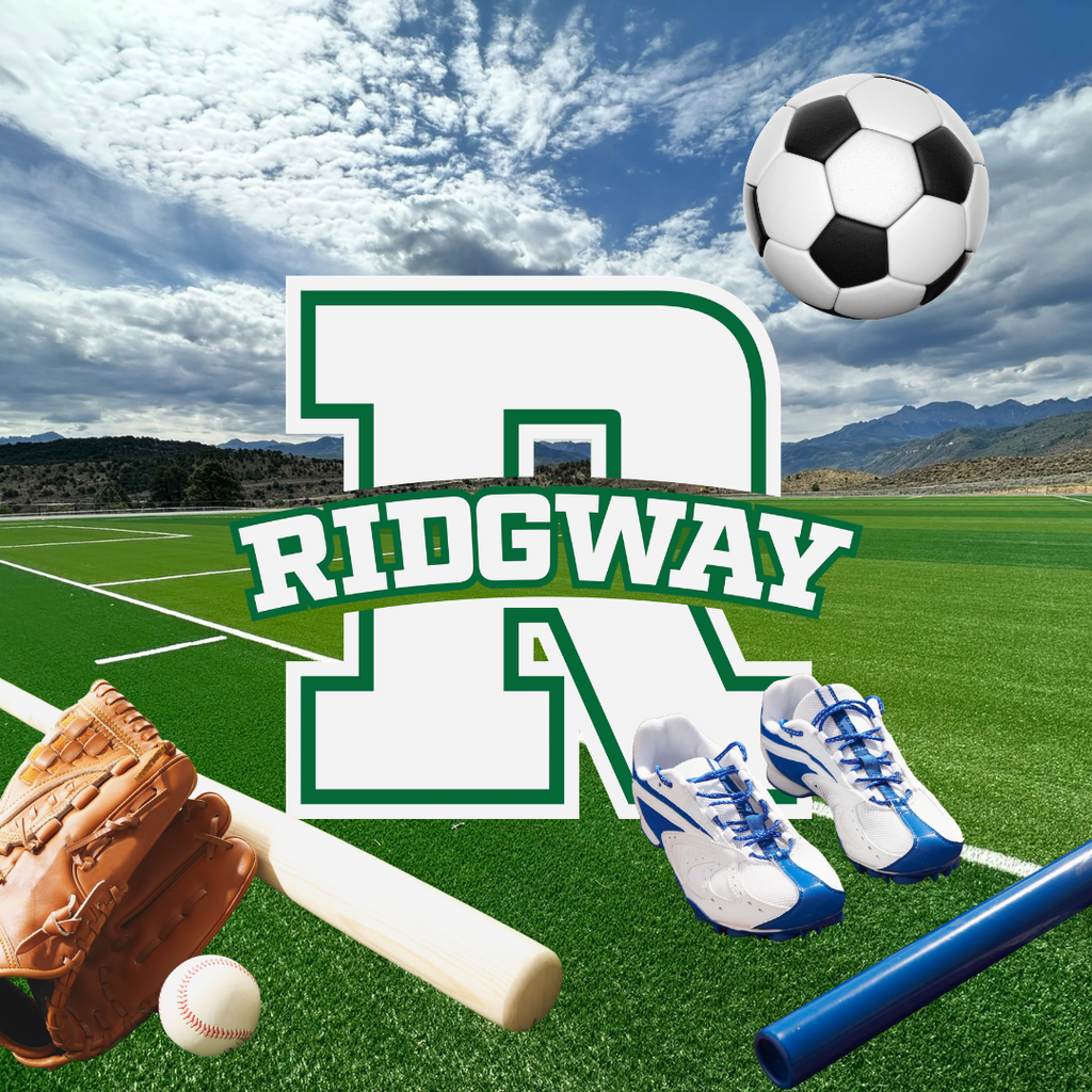 Ridgway athletics logo on a green sports field with a soccer ball, baseball glove, bat, ball, track shoes, and baton under a cloudy sky.