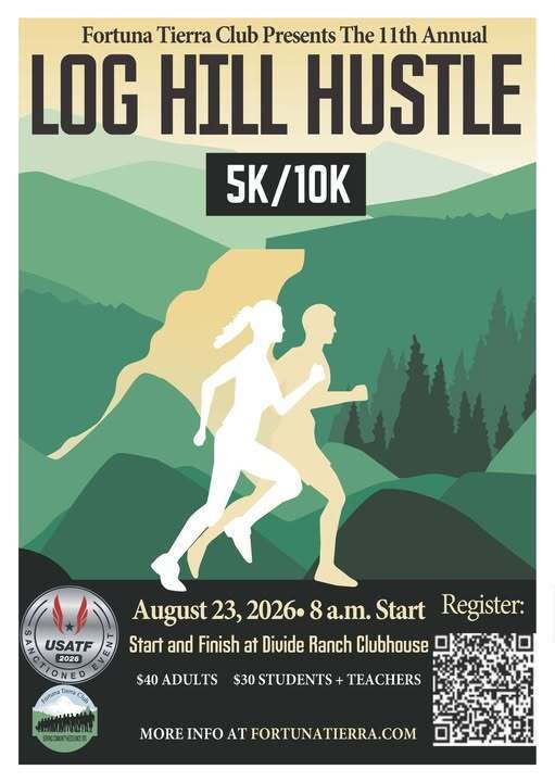 Poster for the 11th Annual Log Hill Hustle 5K/10K on August 23, 2026, featuring runners against a mountain backdrop. Race begins at 8 a.m. at Divide Ranch Clubhouse, with registration via QR code and proceeds supporting local scholarships and education.