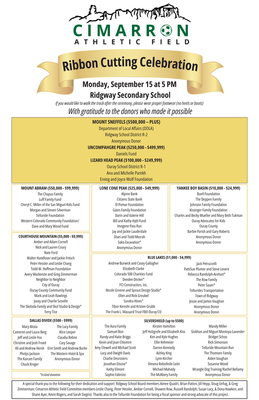 Invitation flyer for Cimarron Athletic Field ribbon cutting on September 15, 2025, at Ridgway Secondary School, with donor acknowledgments.