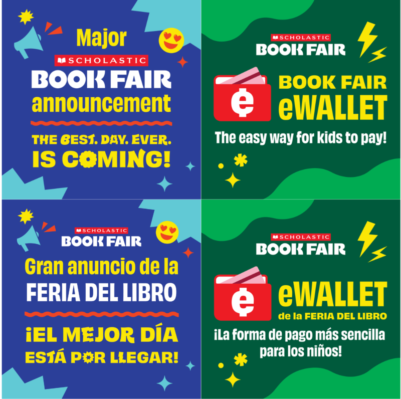 Scholastic Book Fair announcement and eWallet info in English and Spanish.