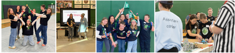 Four photos of RoboRidgway students at a LEGO robotics tournament: posing with a trophy, Coach Strength receiving the Coach/Mentor Award, the team celebrating with flags and LEGO builds, and students focused on their robot during a match.
