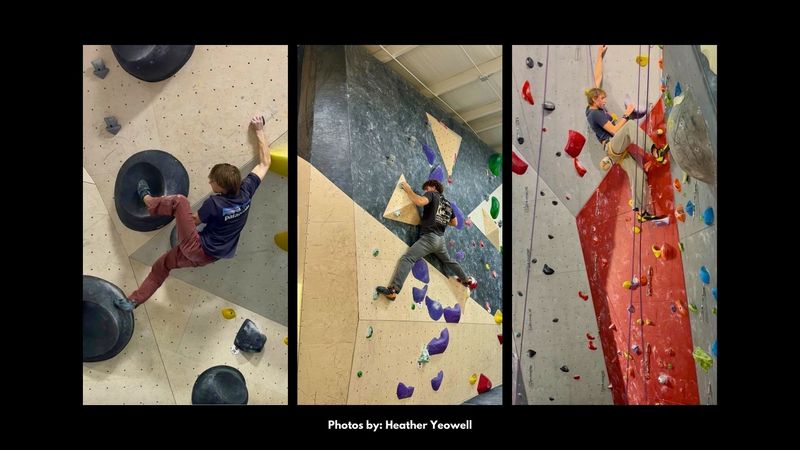 Three-panel collage of students rock climbing on indoor walls with large holds and ropes.