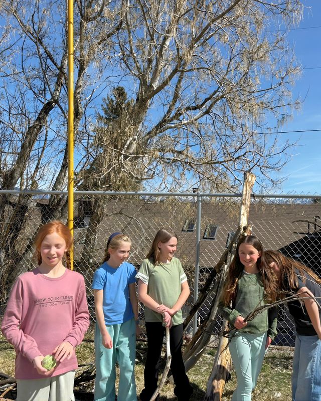 Five students stand outdoors near a partially built stick shelter, holding branches and working together on a sunny day.