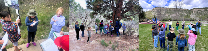 Second grade students participating in outdoor activities at Pa-Co-Chu-Puk, including recording observations, exploring a wooded area, and gathering on a field with a group leader.