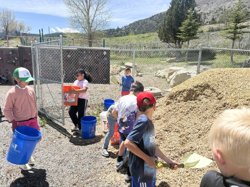Students use buckets and shovels to move wood chips outside near a playground on a sunny day.