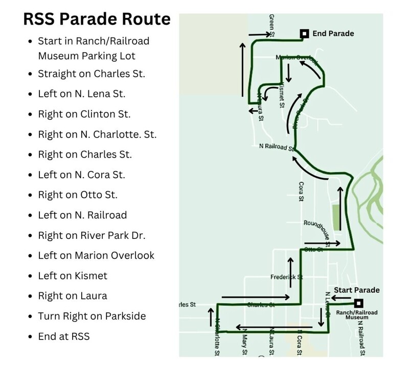 Map showing the Ridgway Secondary School parade route through town streets from the Ranch/Railroad Museum to RSS.