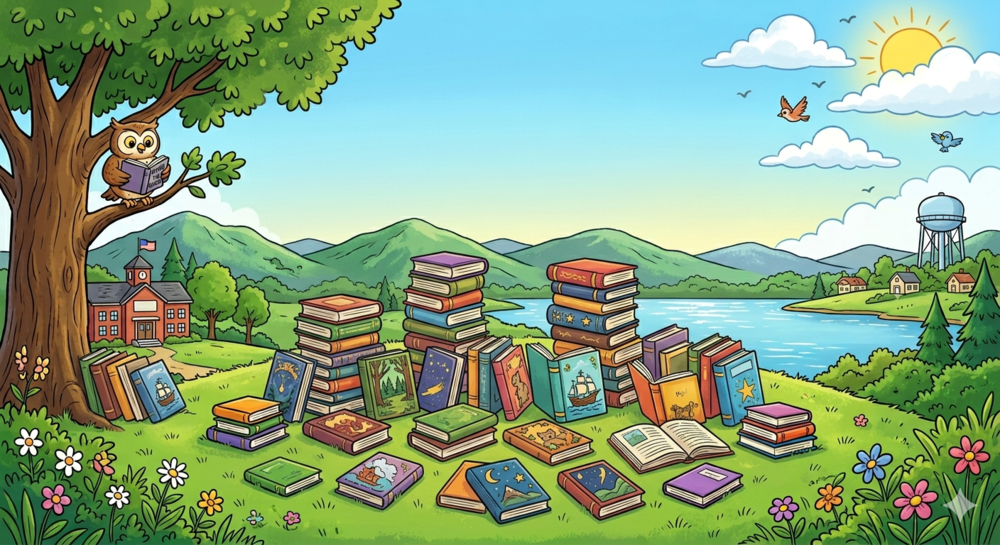 Summer Reading 2026. Books sprawled out on the lawn.