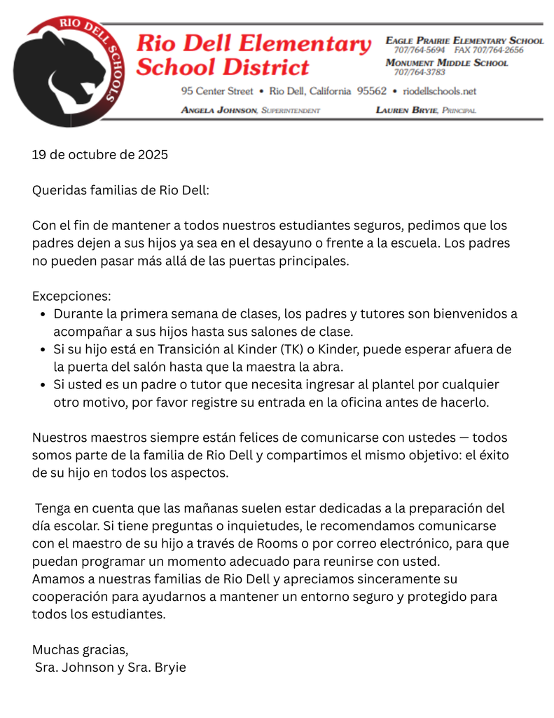 letter to parents in Spanish