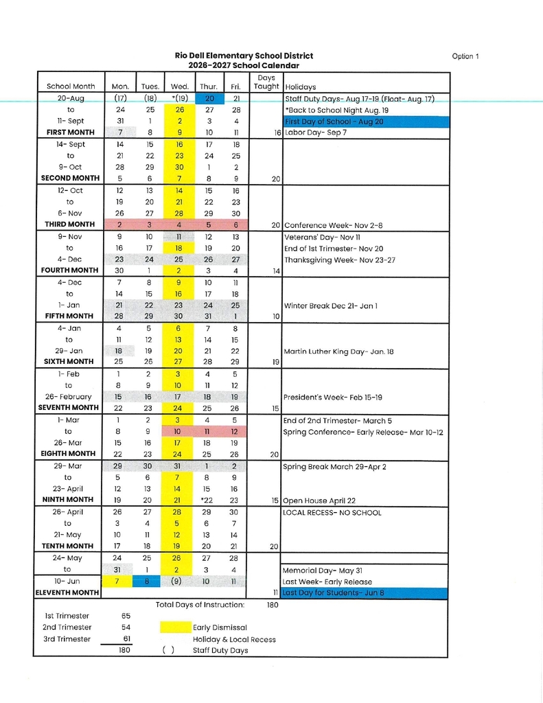 2026-2027 School Calendar