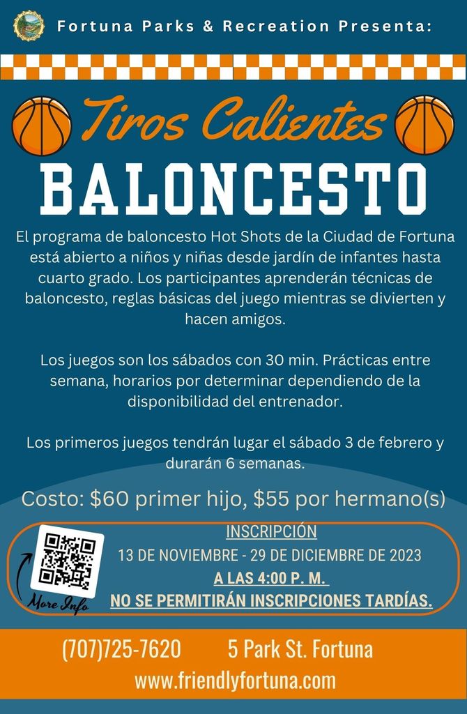 Hot Shots Basketball flyer in Spanish
