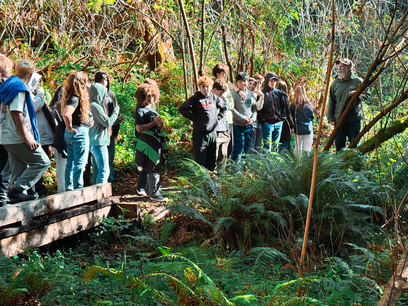 Rio Dell 8th Graders walk one of the restored hiking trails created by Dennis Houghton and his Trails Skills students.