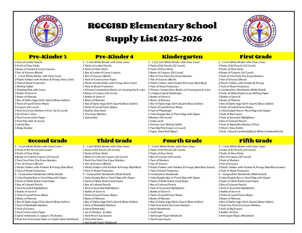 RGCGISD Elementary School Supply List