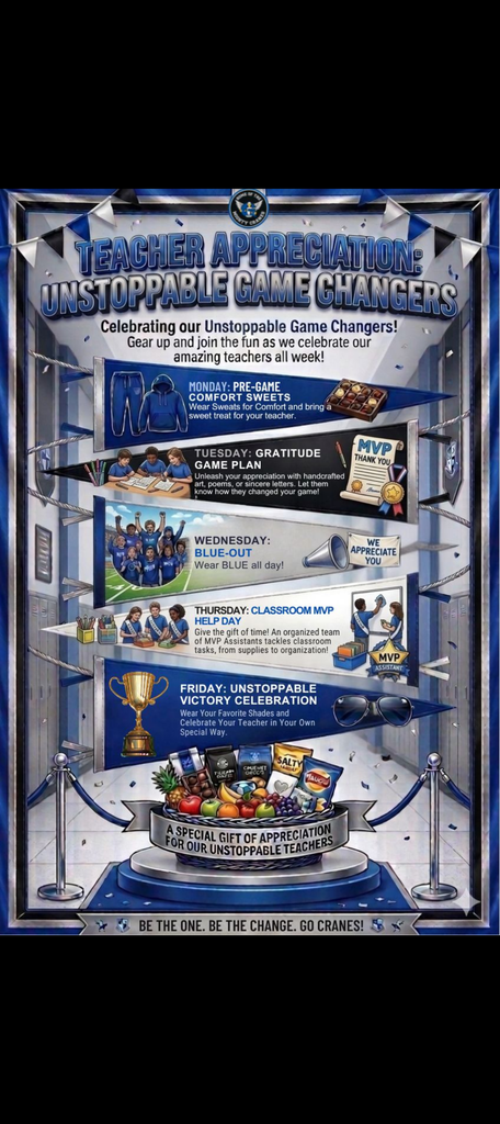 GMS wants to kick off Teacher Appreciation Week by honoring the dedicated educators who bring their "A-game" to the classroom every single day! 

Our Unstoppable Game Changers are the force behind our students' success. This week is our chance to give back and show them that their hard work never goes unnoticed in Crane Country.
Check the this week’s “Game Plan” and join the fun!