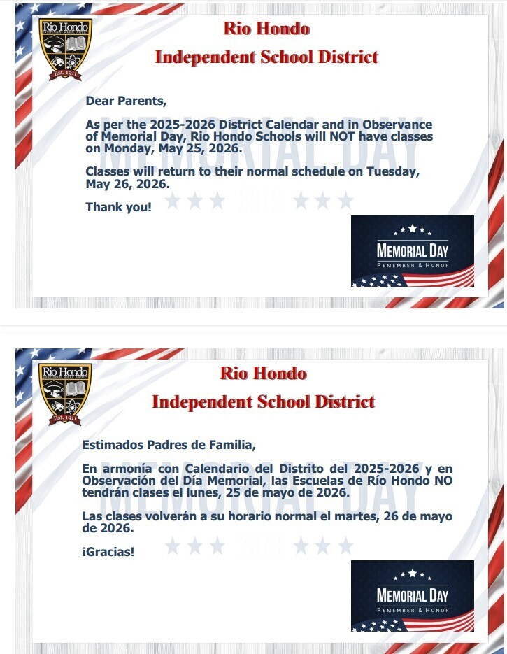 Monday Memorial Day no school