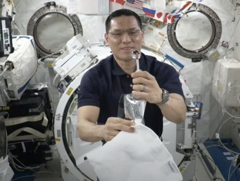 In response to a question from Rio Hondo ISD 3rd grader Dominic Adame, NASA Astronaut Frank Rubio demonstrates how water behaves in space during an In-Flight Education Event livestream, held May 18. According to Smithsonian Institution National Museum of the American Latino Head of Education Emily Key, In-Flight Educational Events are part of a collaborative program to increase student interest in space exploration.