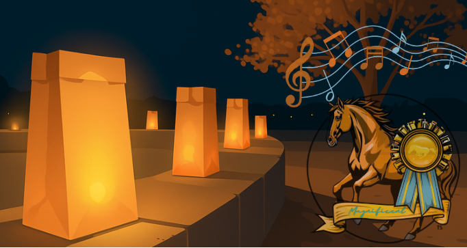 luminarias lighted in a night scene with a tree in the background and a mustang with an award in the foreground