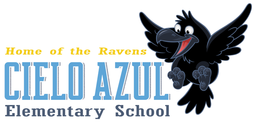 The school logo, a black cartoon raven on the right side of the text 'home of the ravens' in yellow. 'Cielo Azul' is in blue, and 'Elementary School' is in a dark blue.