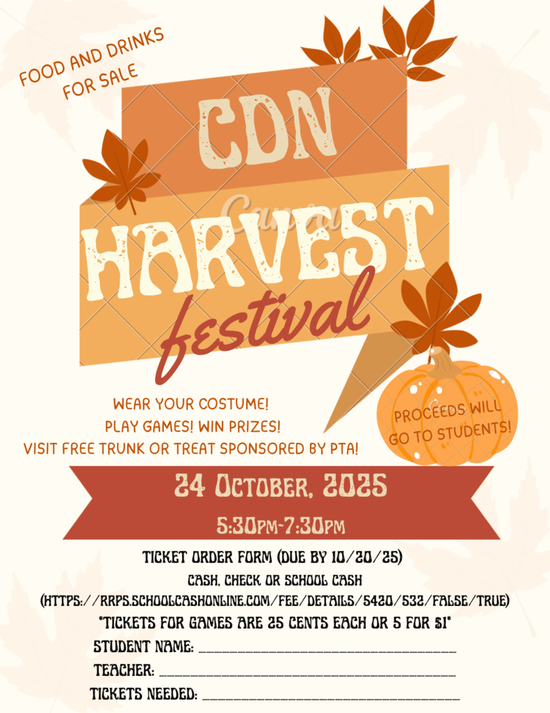 Join us this Friday, October 24th for CDN's annual Harvest Festival! Wear your costume, play games, win prizes, and enjoy a free Trunk or Treat! Food and drinks for same. Ticket s for games are 25 cents each or 5 for $1. Proceeds to to students.