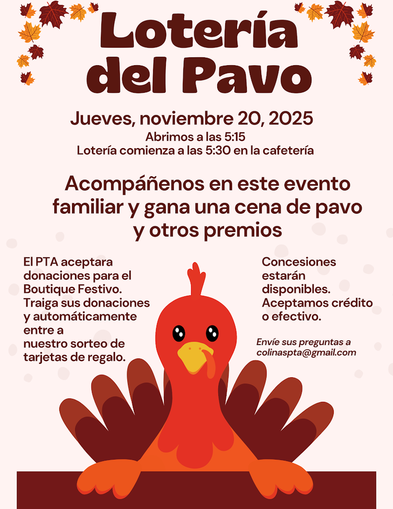Join us for Turkey Bingo on Thursday, November 20th; a family fun event to win turkey dinner, prizes, and more! Doors open at 5:50 and Bingo starts at 6:10 p.m. in the cafeteria. Concessions available; cash and card accepted. PTA accepting donations for the holiday boutique. Bring them and be entered to win a gift card. Any questions, please email the CDN PTA.