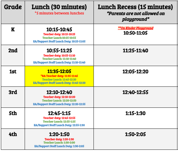 Table of Holiday Lunch Schedule- K - 10:15-10:45, 2nd gr. 10:55-11:25, 1st gr. 11:35-12:05, 3rd gr. 12:10-12:40, 5th gr. 12:45-1:15, 4th gr. 1:20-1:50.