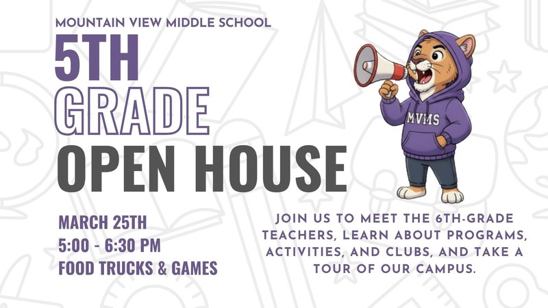 Lion in a hoodie holding a megaophone announcing 5th grade open house