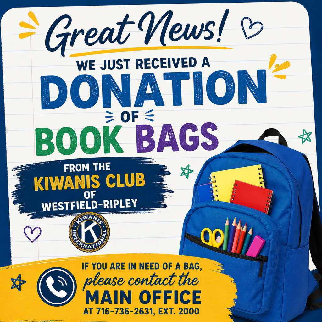 🎒💙 A HUGE THANK YOU TO THE KIWANIS CLUB OF WESTFIELD-RIPLEY! 💙🎒 We are incredibly grateful to the Kiwanis Club of Westfield-Ripley for their generous donation of book bags to our students! 📚✏️ These book bags will help make sure that students in our community have the supplies they need to start the school year off ready to learn. We truly appreciate the Kiwanis Club’s continued support of our students, families, and school community. Your generosity makes a difference! ❤️ If your child is in need of a book bag, please contact the Main Office at 716-736-2631, ext. 2000. Thank you, Kiwanis Club of Westfield-Ripley, for helping us support our students! 🦅🎒 #ThankYou #CommunitySupport #KiwanisClub #WestfieldRipley #BackToSchool #OurStudentsOurCommunity