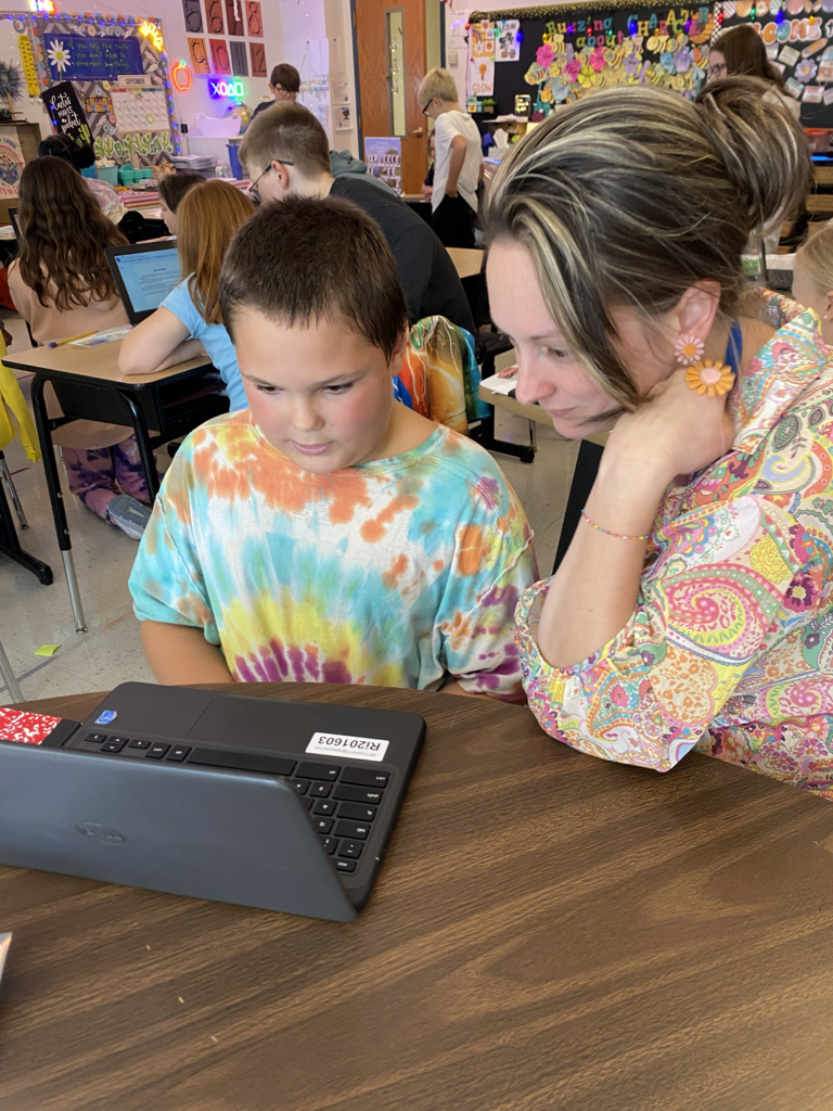 One student and one teacher reading on the laptop.