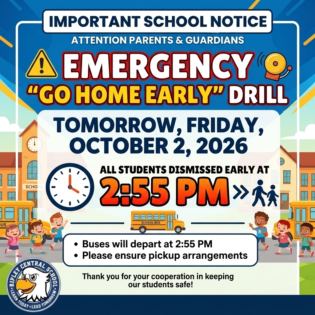 A professional, vibrant, and clean school announcement flyer design for Facebook, titled "IMPORTANT SCHOOL NOTICE" in a prominent top banner with a blue header. Below, headline bold text reads "ATTENTION PARENTS & GUARDIANS", followed by a large red warning symbol and a school bell icon framing the title "EMERGENCY 'GO HOME EARLY' DRILL" in bold 3D red and yellow lettering.