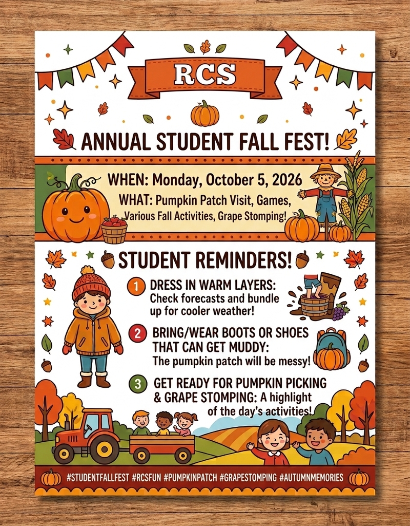 🎃 Exciting News! Annual Fall Fest is Tomorrow! 🍂 Attention families! We are so excited for our Annual Fall Fest tomorrow, Monday, October 5, 2026! To make sure our students have the absolute best time during our outdoor activities and trip to the Pumpkin Patch, please keep these tips in mind as you prep for Monday morning: 🧥 Dress for the Weather: Temperatures will be cooler, so please send your child in layers, warm coats, hats, or gloves if needed. 👢 Mud-Ready Footwear: Outdoor activities, pumpkin picking and grape stomping can get messy! Please have your child wear boots or shoes that you don't mind getting dirty (or send an extra pair of mud-friendly shoes in their backpack). We can't wait for a fantastic day of autumn fun! 🍁✨