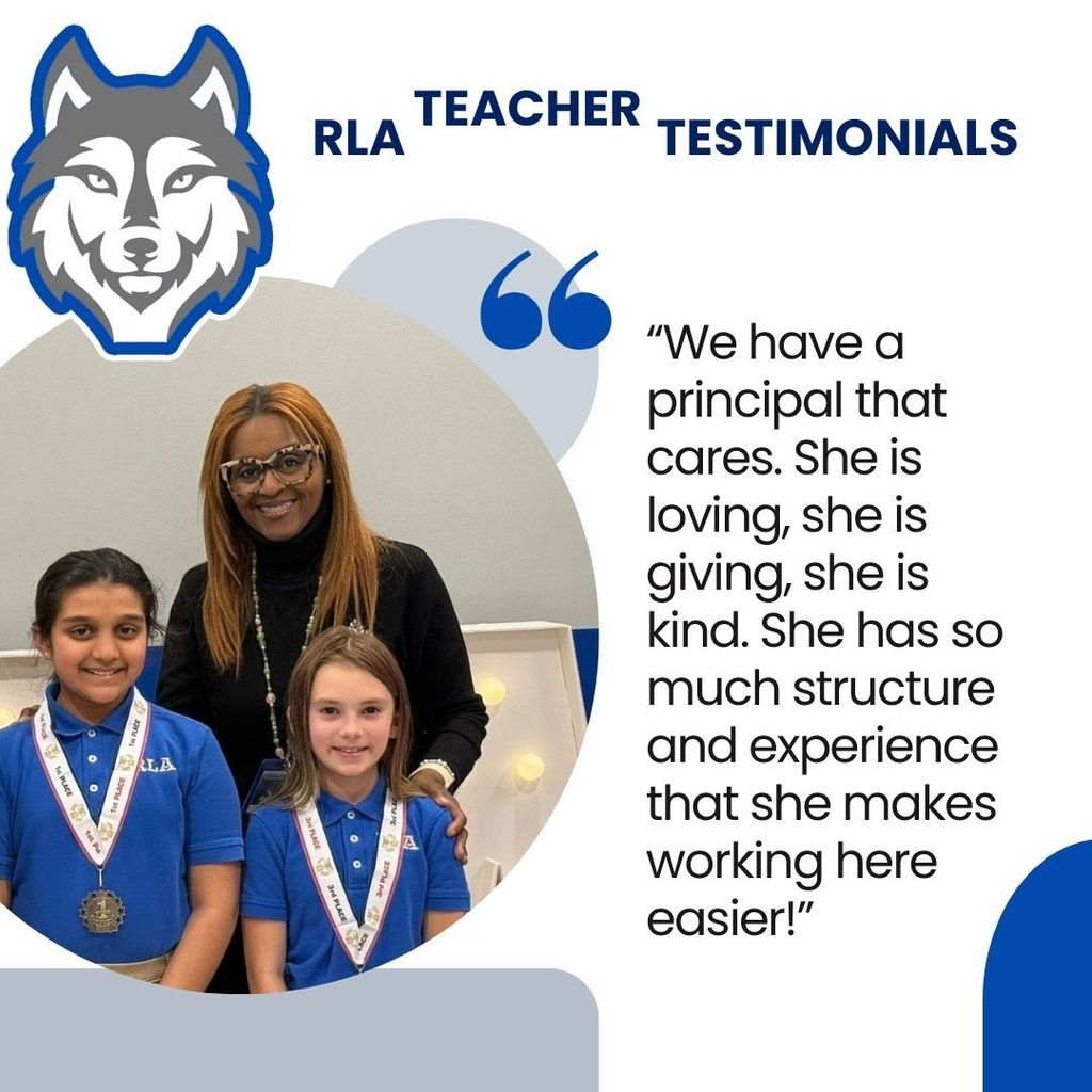 Quote from a teacher praising RLA principal and photo of principal with students