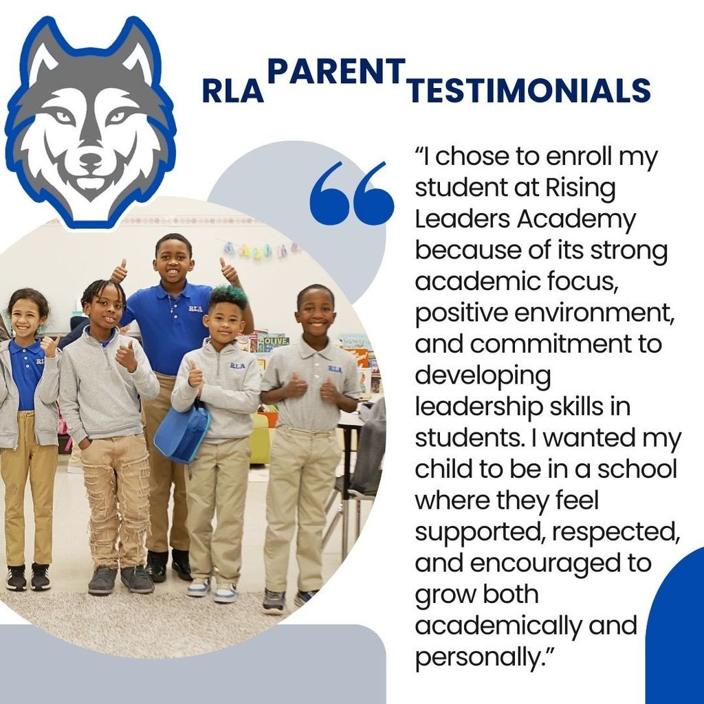 Parent comment about why they chose to enroll their child at Rising Leaders Academy plus pictures of students giving thumbs up