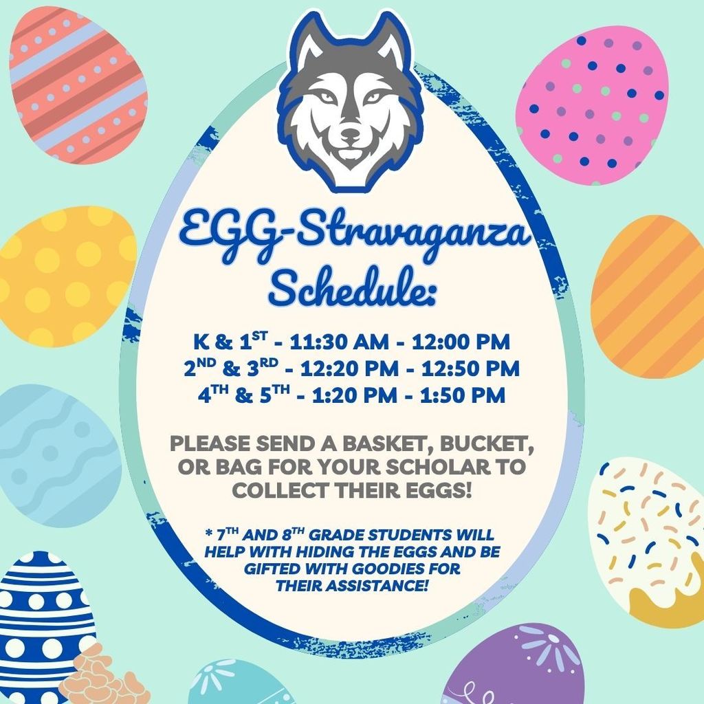 Graphic with eggs and the schedule for an event called EGG-Stravaganza