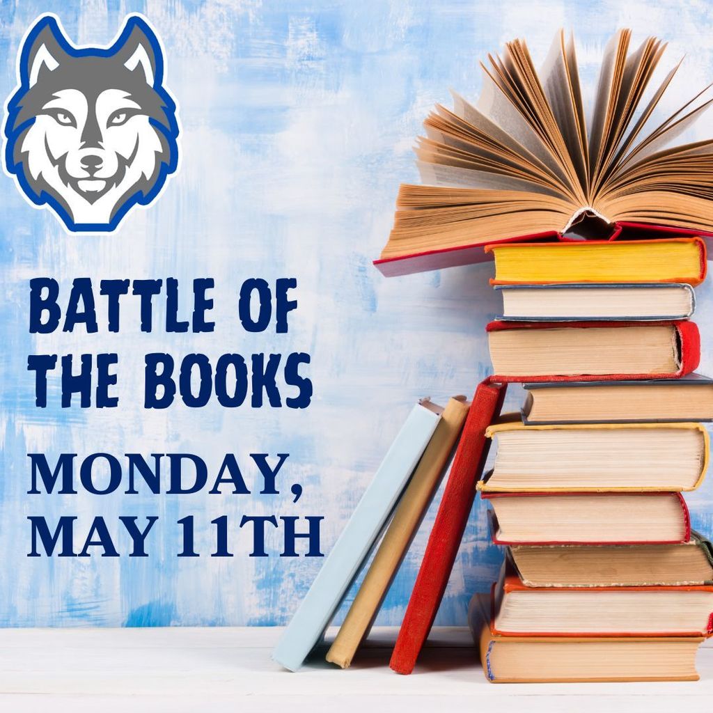 Graphic sharing that Battle of the Books will be on Monday, May 11th