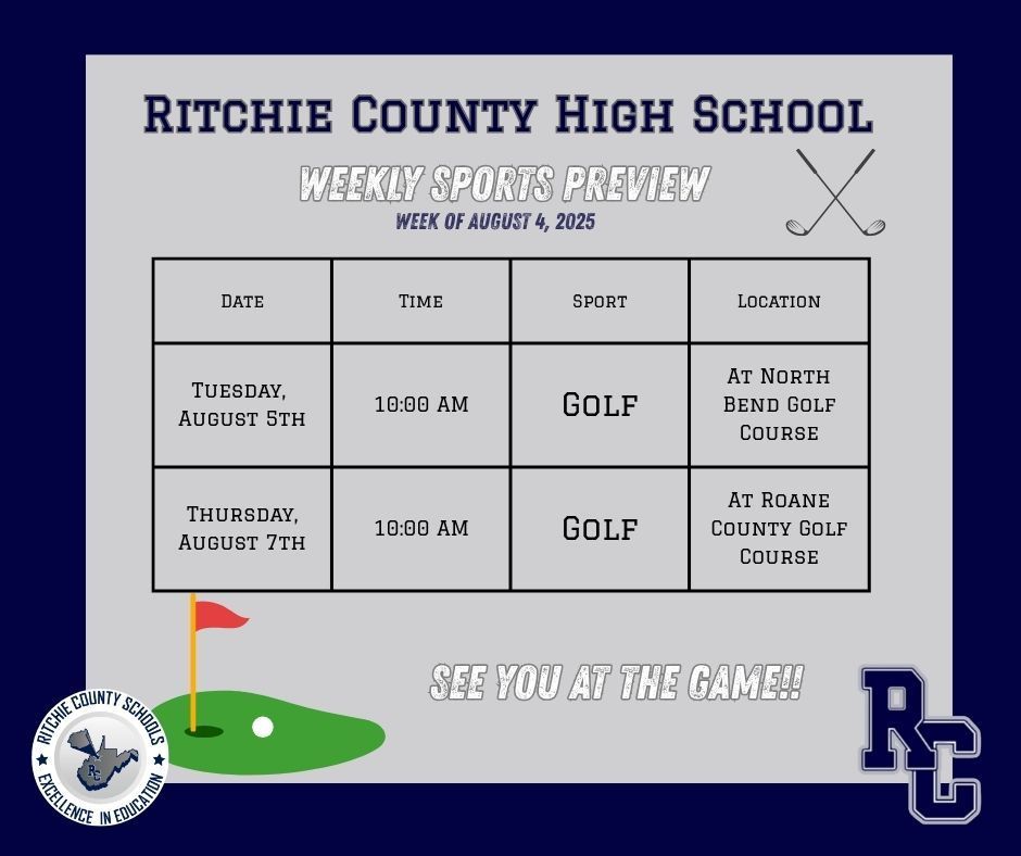 RCHS Weekly Sports Preview- Tuesday August 5th 10:00 am Golf at North Bend; Thursday August 7th 10am, Golf at Roane County Golf Course