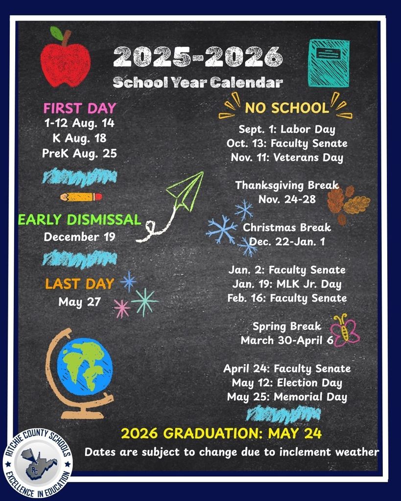 2025-2026 School Year Calendar for Ritchie County Schools