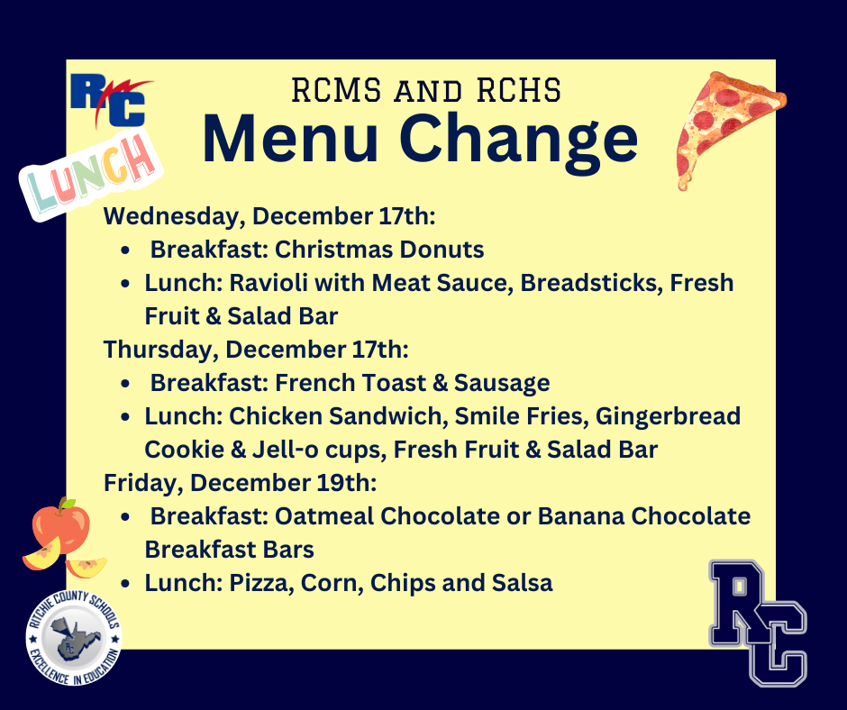 RCMS and RCHS Menu Change for the Week of December 15th
